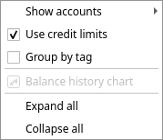 The balances context menu