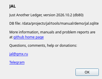 The About window shows where the database file is