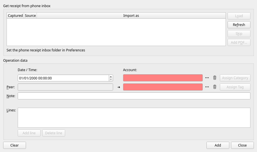 The receipt import dialog
